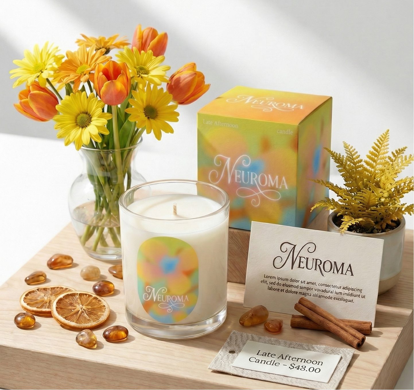 Neuroma Late Afternoon candle packaging scene